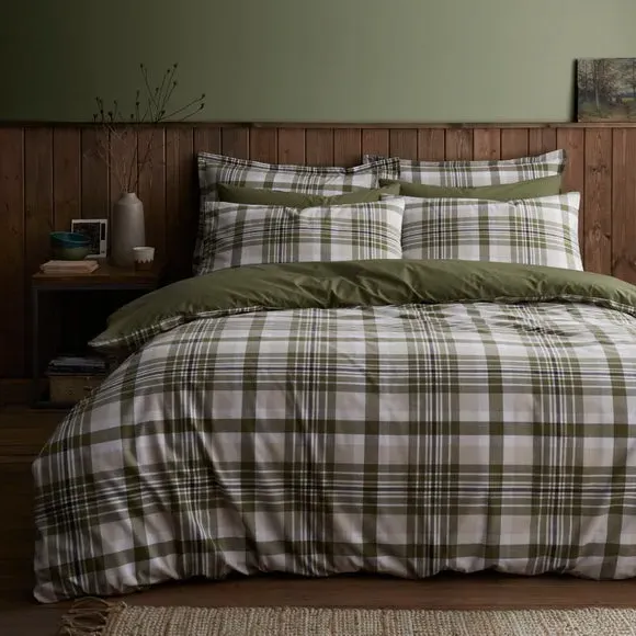 Oakley Woven Check Duvet Cover & Pillowcase Set - Olive Green, Cotton product