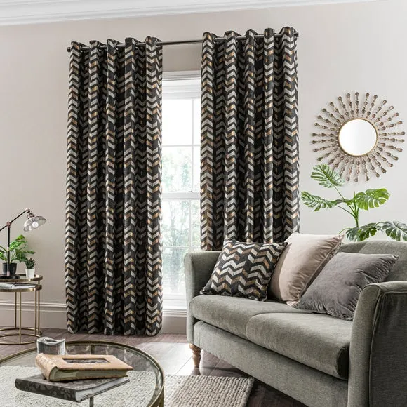 Pair Eyelet Curtains Geometric - Black alternate view