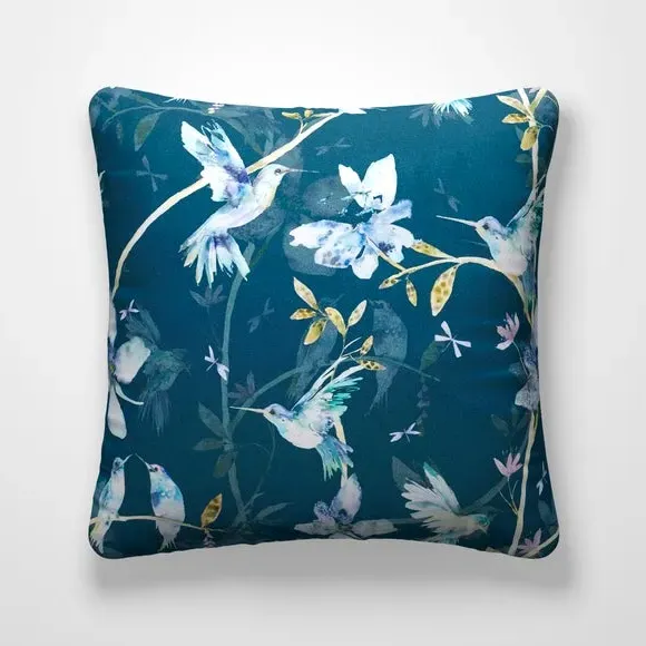 Cushion Cover with Hummingbird Print - Teal, Velvet alternate view