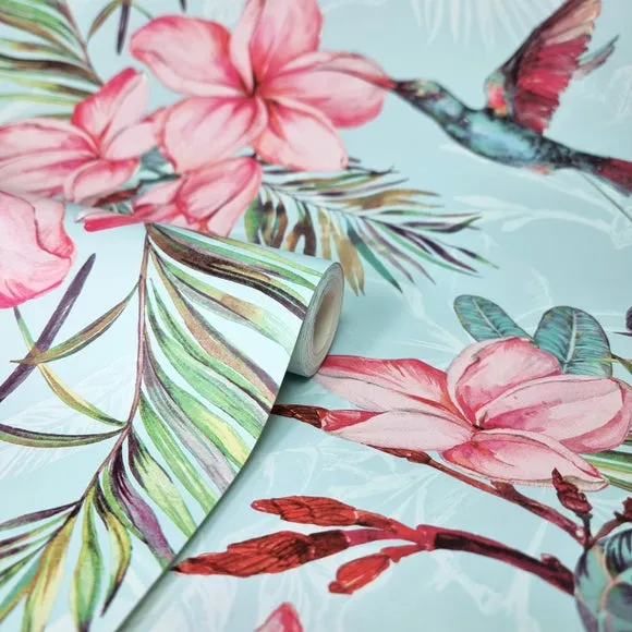Botanical Wallpaper with Birds - Light Blue alternate view