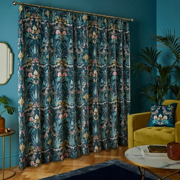 Utopia Pencil Pleat Curtains - Teal Blue, Velour by Dunelm, image 4