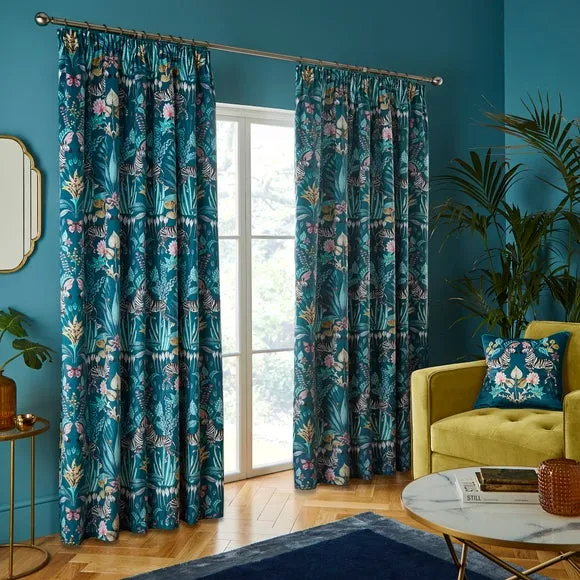 Utopia Pencil Pleat Curtains - Teal Blue, Velour by Dunelm, image 2