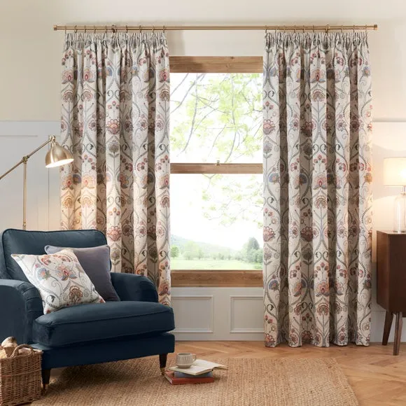 Evelyn Pencil Pleat Curtains with Embroidery - Natural by Dunelm, image 2