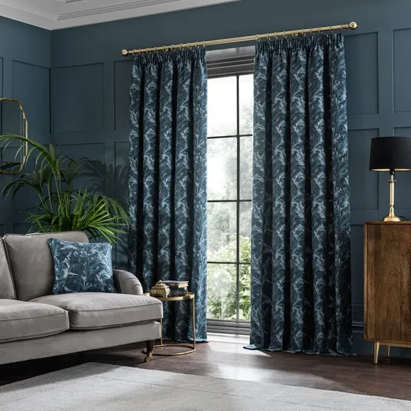 Pemberley Pencil Pleat Curtains with Floral Design - Teal Blue alternate view