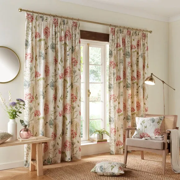 Country Meadow Pencil Pleat Curtains with Floral Print - Natural alternate view
