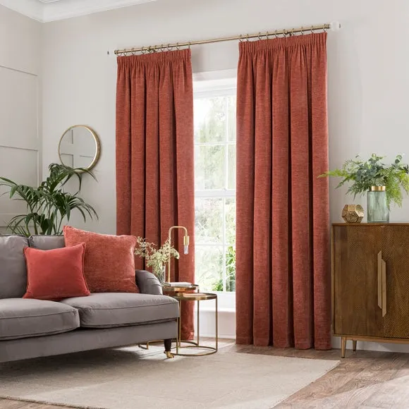 Pencil Pleat Curtains with Lining - Clay Red, Chenille alternate view
