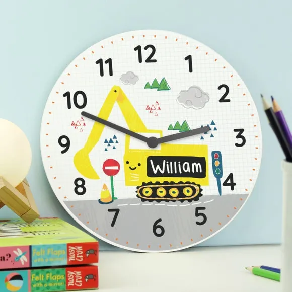 Digger Wall Clock Personalised - White, Wood alternate view