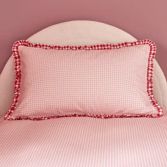 Pink Gingham Frill Quilt Cover and Pillowcase Set - Pink, Polycotton alternate view