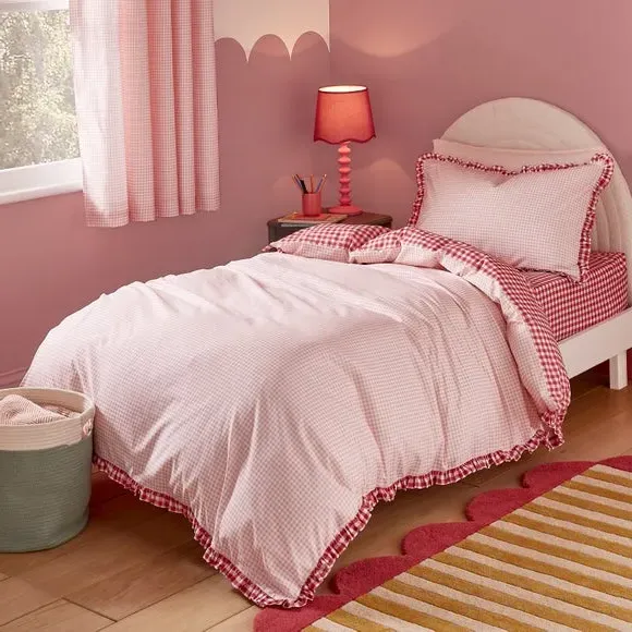 Pink Gingham Frill Quilt Cover and Pillowcase Set - Pink, Polycotton product