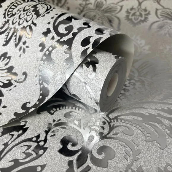 Damask Wallpaper with Metallic Foil - Silver, Vinyl alternate view