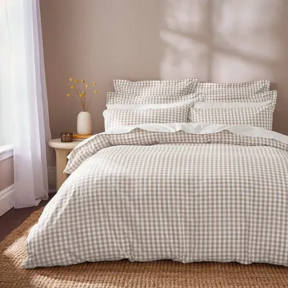 Portloe Gingham Duvet Cover & Pillowcase Set - Mushroom, Cotton product