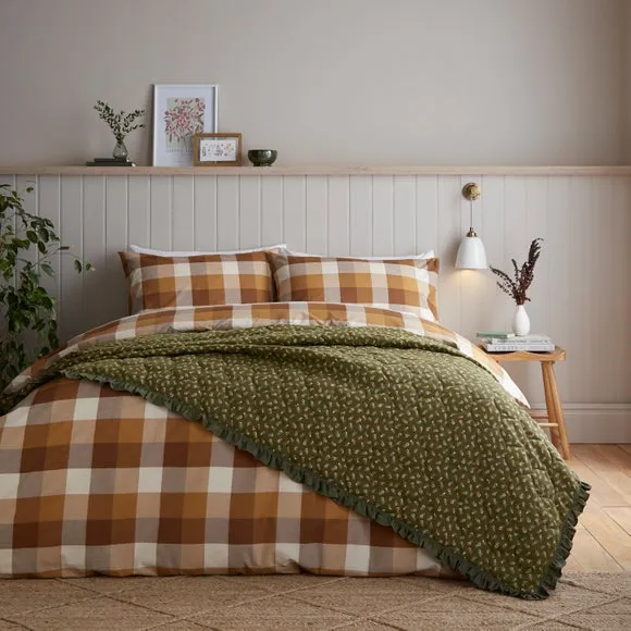 Floral Frilled Quilted Bedspread - Olive Green, Brushed Polyester alternate view