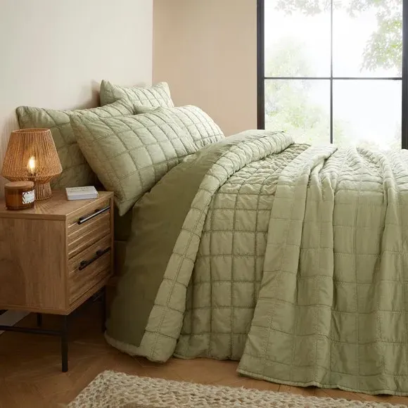 Evana Quilted Bedspread with Grid Texture - Soft Olive Green alternate view
