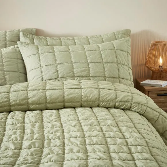 Evana Stitch Duvet Cover and Pillowcase Set - Soft Olive Green alternate view