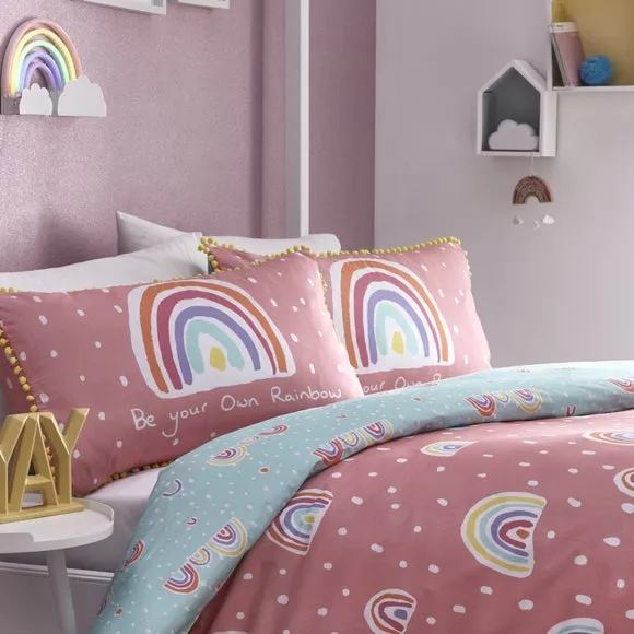 Rainbow Pom Pom Single Duvet Cover & Pillowcase Set - Multicolor, Cotton alternate view