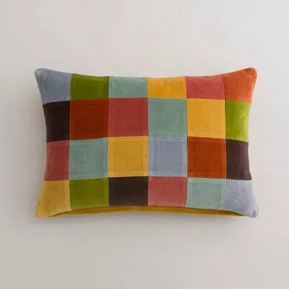 Clara Patchwork Velvet Rectangle Cushion - Ochre Yellow, Cotton alternate view