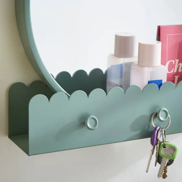 Round Wall Mirror with Scalloped Shelf - Green, Metal alternate view
