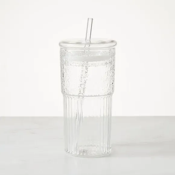 Ribbed Textured Glass Tumbler with Lid and Straw - Clear
