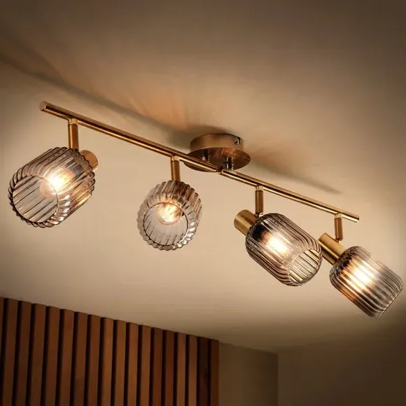 Riley Mid Century Ribbed 4-Light Adjustable Spotlight Bar - Gold, Glass alternate view