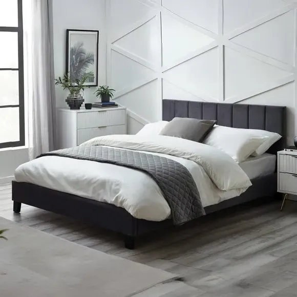Bed with Fluted Headboard - Grey, Velvet