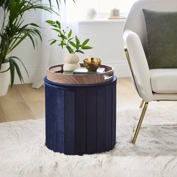 Round Ottoman with Tray - Navy, Velvet alternate view
