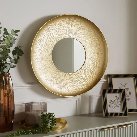 Round Wall Mirror Hammered Design - Gold, Metal alternate view