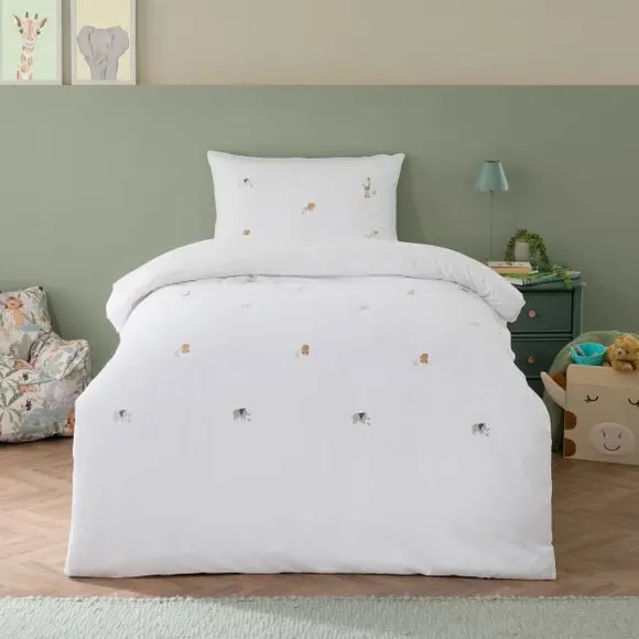 Safari Embroidery Quilt Cover and Pillowcase Set - White, Polyester alternate view
