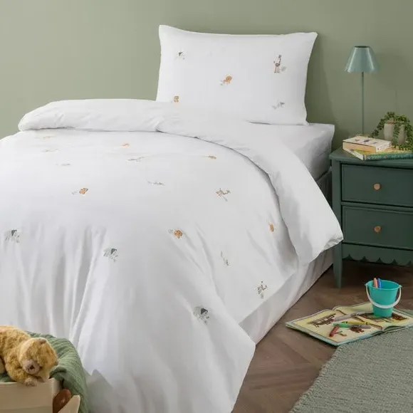 Safari Embroidery Quilt Cover and Pillowcase Set - White, Polyester product