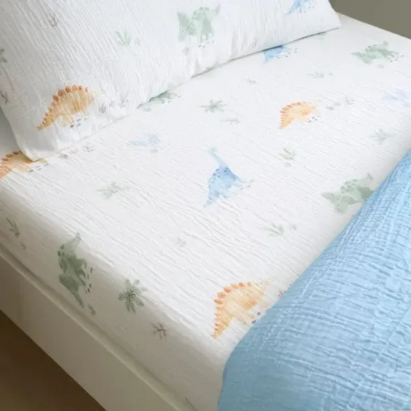 Set of 2 Dinosaur Fitted Sheets - Pale Blue, Cotton Muslin product