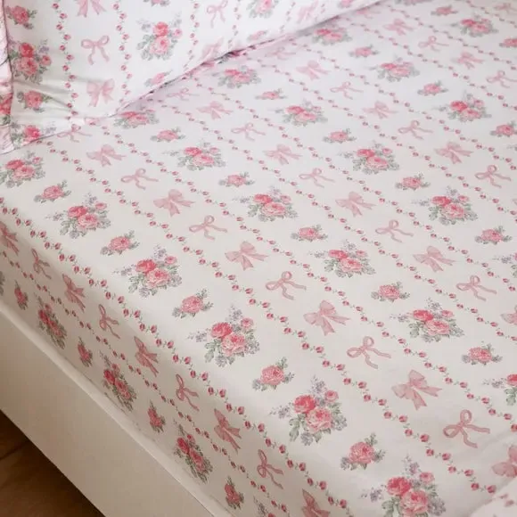 Set of 2 Floral Fitted Bed Sheets - Light Pink, Cotton product