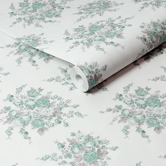 Rose Blossom Wallpaper - Teal Green, Paste the Wall alternate view