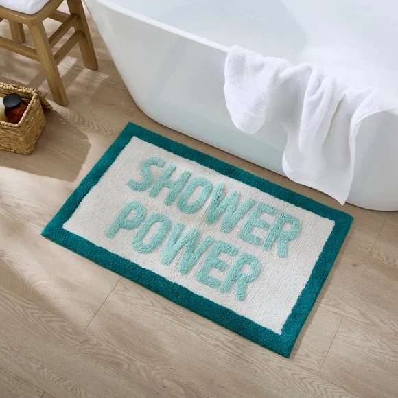 Shower Power Slogan Bath Mat - Blue, Cotton product