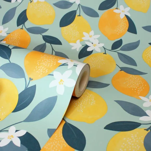 Sicily Fruits Wallpaper - Seafoam Blue, Matte Finish alternate view