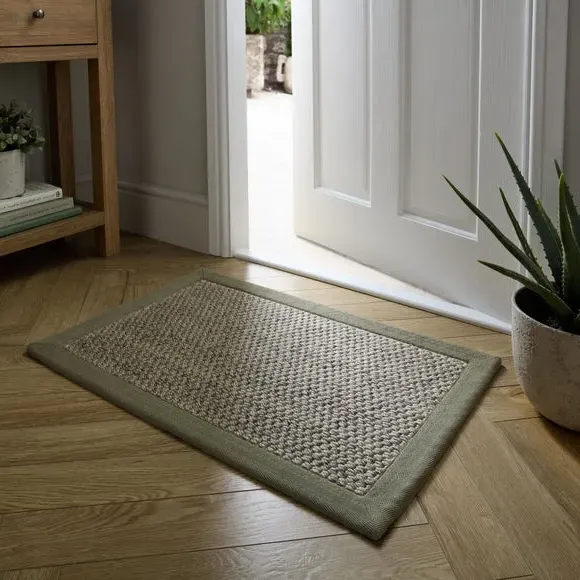 Sisal Look Washable Border Doormat - Green, Recycled Polyester
