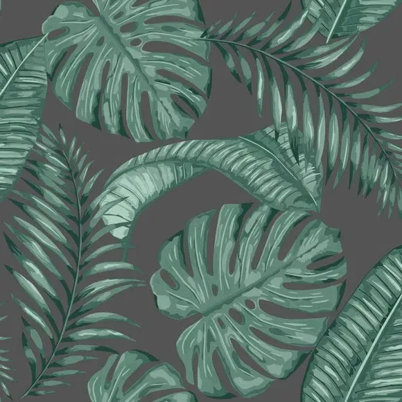 Tropical Leaves Wallpaper - Black/Green, Paper alternate view