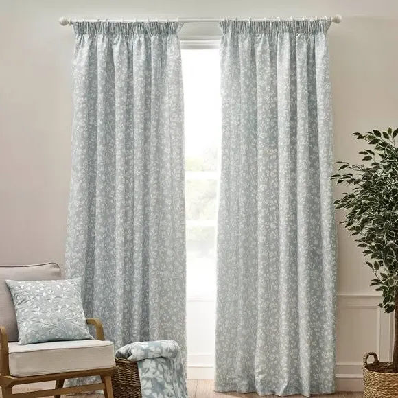 Brooke Floral Pencil Pleat Curtains - Duck Egg Blue alternate view