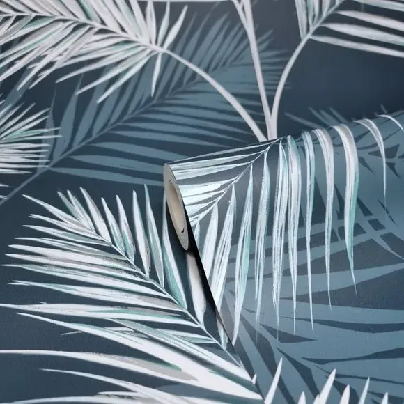 South Beach Tropical Leaf Wallpaper - Navy alternate view