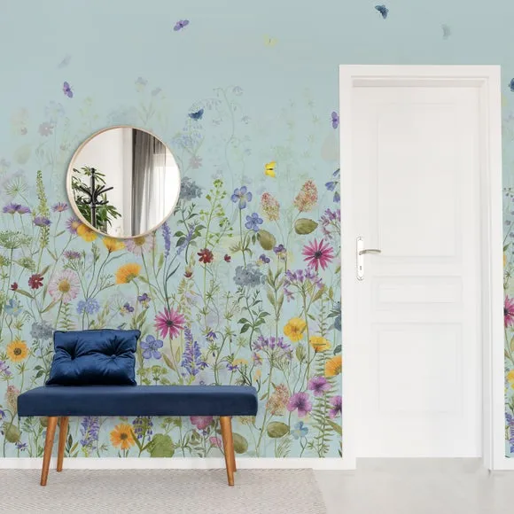 Spring Flowers Wall Mural - Duck Egg Blue, Non-Woven alternate view