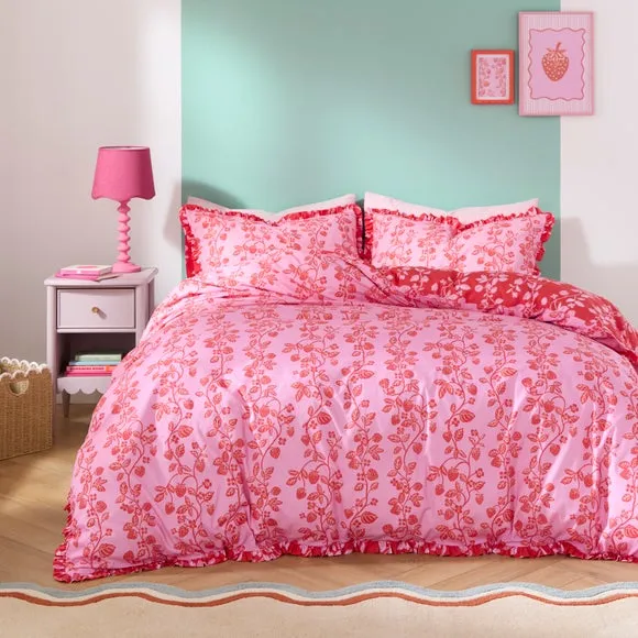 Strawberry Patch Frill Quilt Cover and Pillowcase Set - Pink product