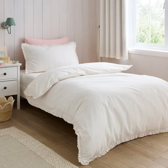 Stripe Frill Seersucker Duvet Cover and Pillowcase Set - Pink, Cotton alternate view