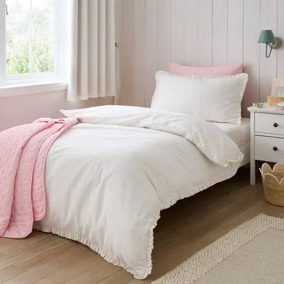Stripe Frill Seersucker Duvet Cover and Pillowcase Set - Pink, Cotton product