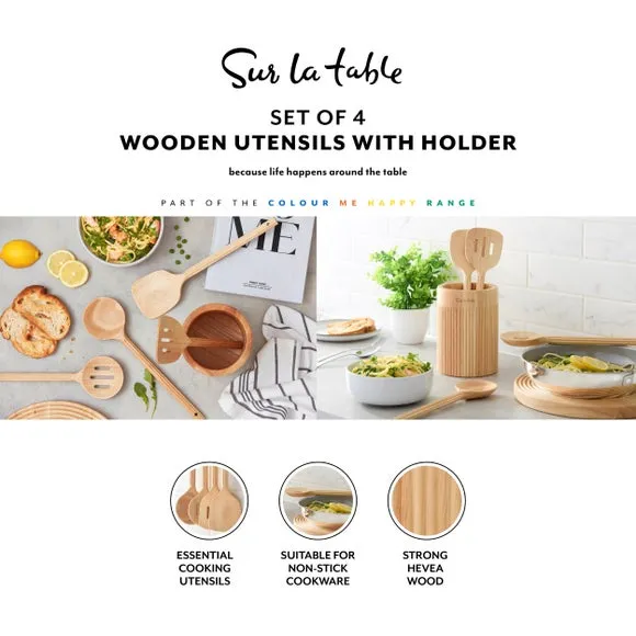 4-Piece Utensil Set with Holder - Brown, Wood alternate view