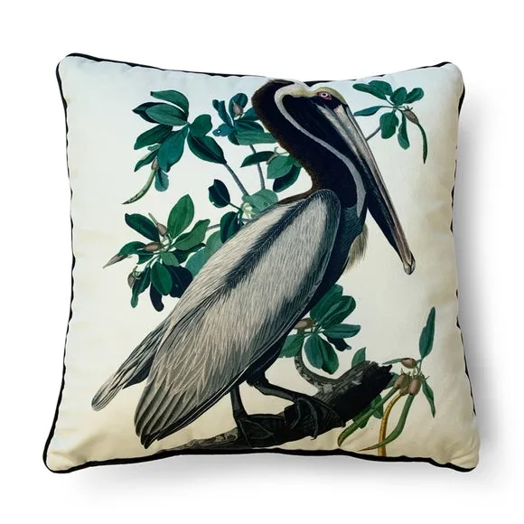 Square Cushion with Bird Print - White, Velvet alternate view
