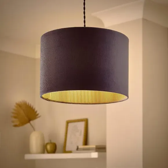 Ticking Stripe Velvet Drum Lamp Shade - Navy Blue, Polyester alternate view