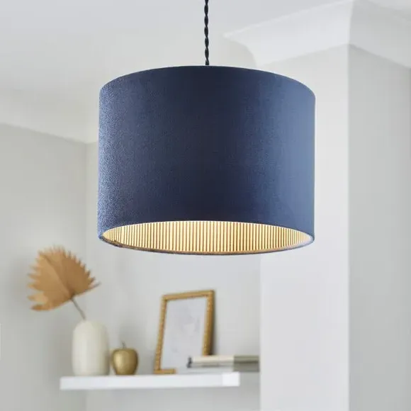 Ticking Stripe Velvet Drum Lamp Shade - Navy Blue, Polyester product