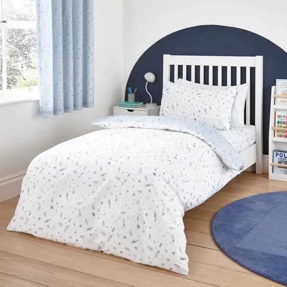 To The Moon Duvet Cover and Pillowcase Set - Pale Blue, Cotton product