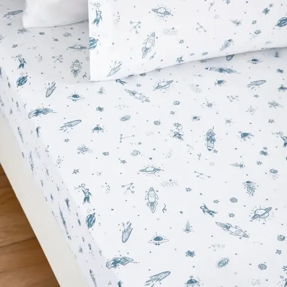 To The Moon Set of 2 Fitted Bed Sheets - Light Blue, Cotton alternate view