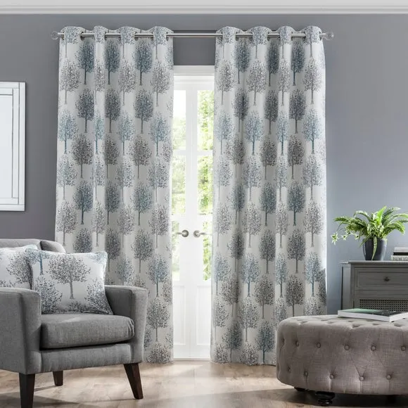 Tree Pattern Eyelet Curtains - Teal Blue, Jacquard alternate view