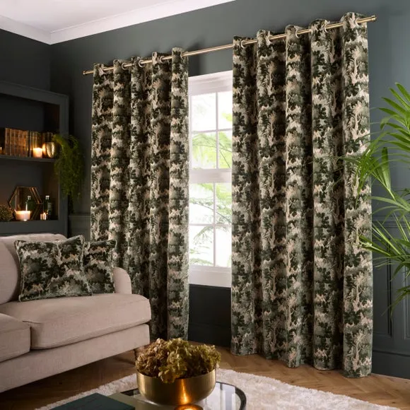 Tree Print Eyelet Curtains - Green, Velvet alternate view