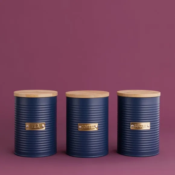 Otto Set of 3 Round Tea, Coffee & Sugar Canisters - Navy Blue, Steel alternate view